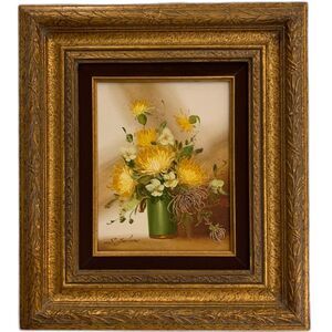 VTG Framed Floral Oil Painting Signed Chunky Wood Frame Velvet Lined 16 x 18